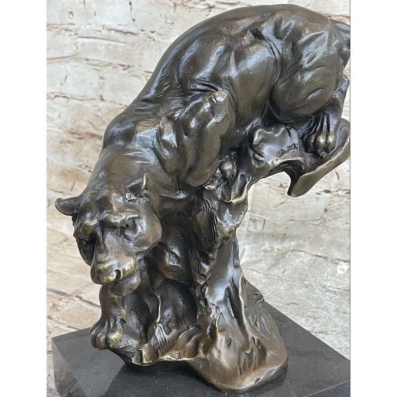 Pouncing Cougar Mountain Lion Cat Bronze Statue Sculpture Figure 11.5 Inches X 12 Inches