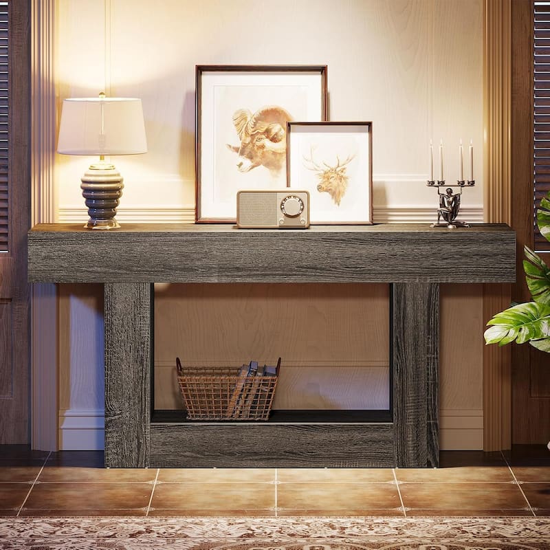 63" Long Console Table, Farmhouse 2-Tier Entryway Table with U-Shaped Base - 63" W x 11.8" D x 32.3" H