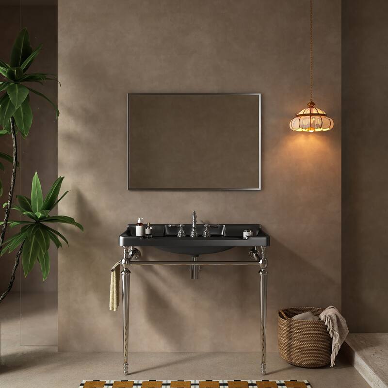 Bathroom Console Sink, Wall-Mounted Black Ceramic Vanity Basin with Pre-drilled Faucet Holes