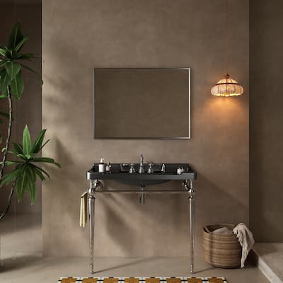 Bathroom Console Sink, Wall-Mounted Black Ceramic Vanity Basin with Pre-drilled Faucet Holes