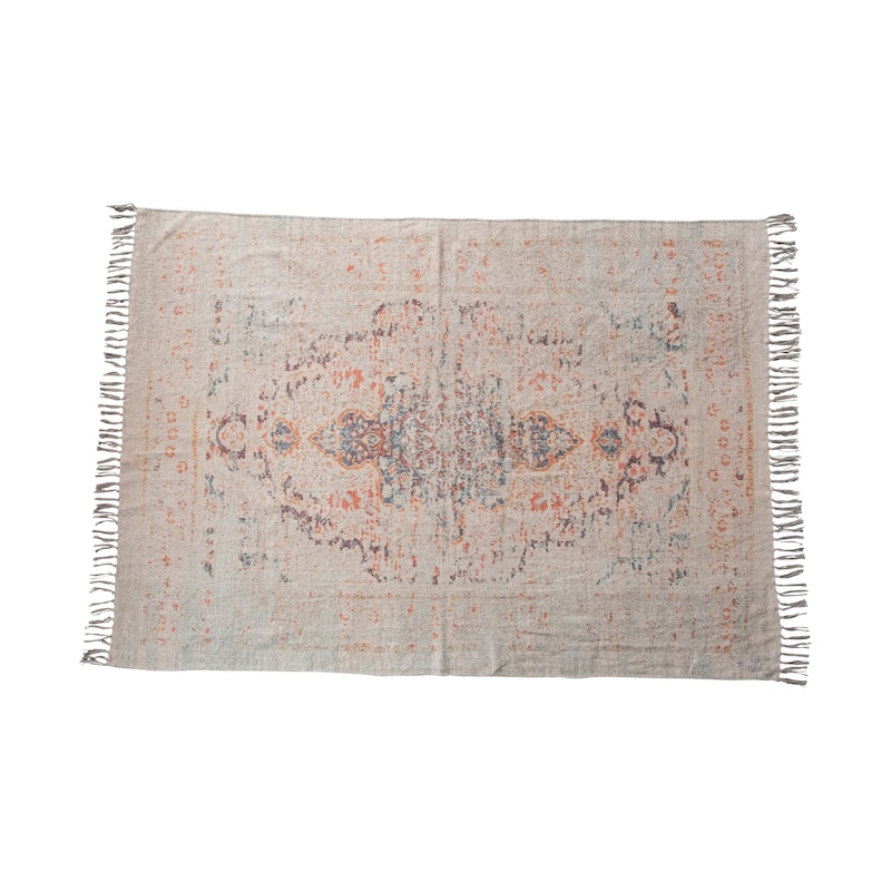 Cotton Chenille Distressed Print Rug with Fringe