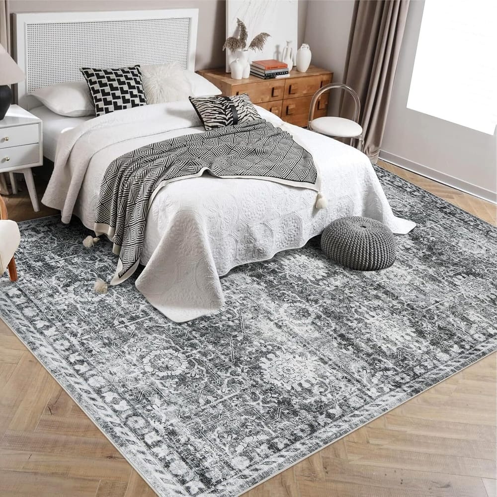 Vintage Boho Washbale Floor Cover Area Rug for Bedroom, Living Room, Black + Grey - 1'6" x 2'6"