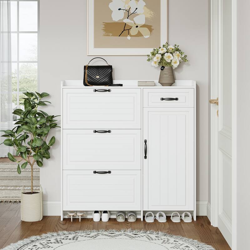Drop-down Flap Doors Buffet Shoe Cabinet with Adjustable Shelves - White