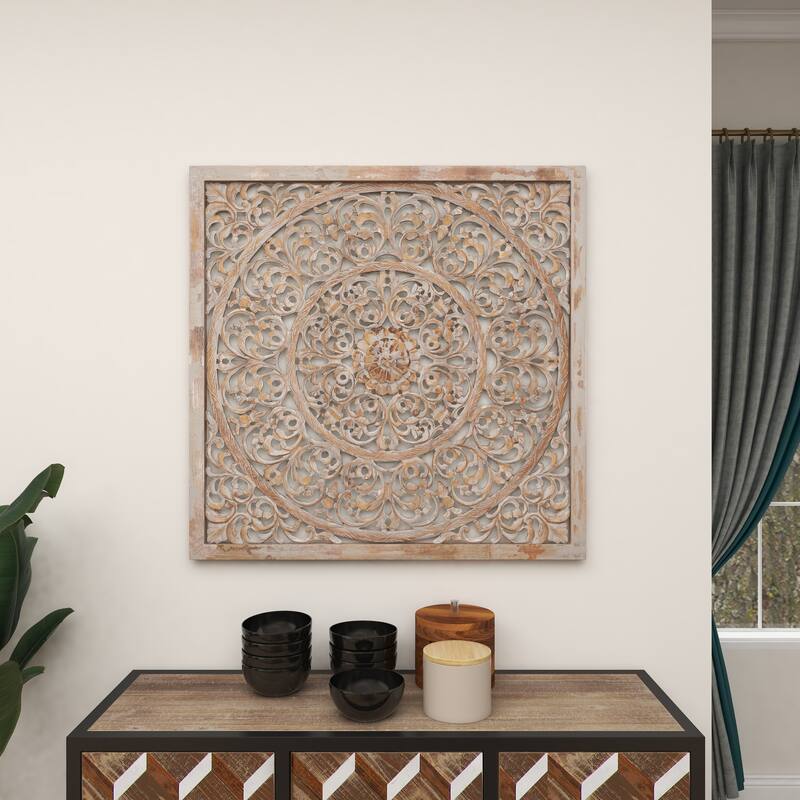Gray Wooden Handmade Carved Scroll Mandala Floral Home Wall Decor with Brown Distressing