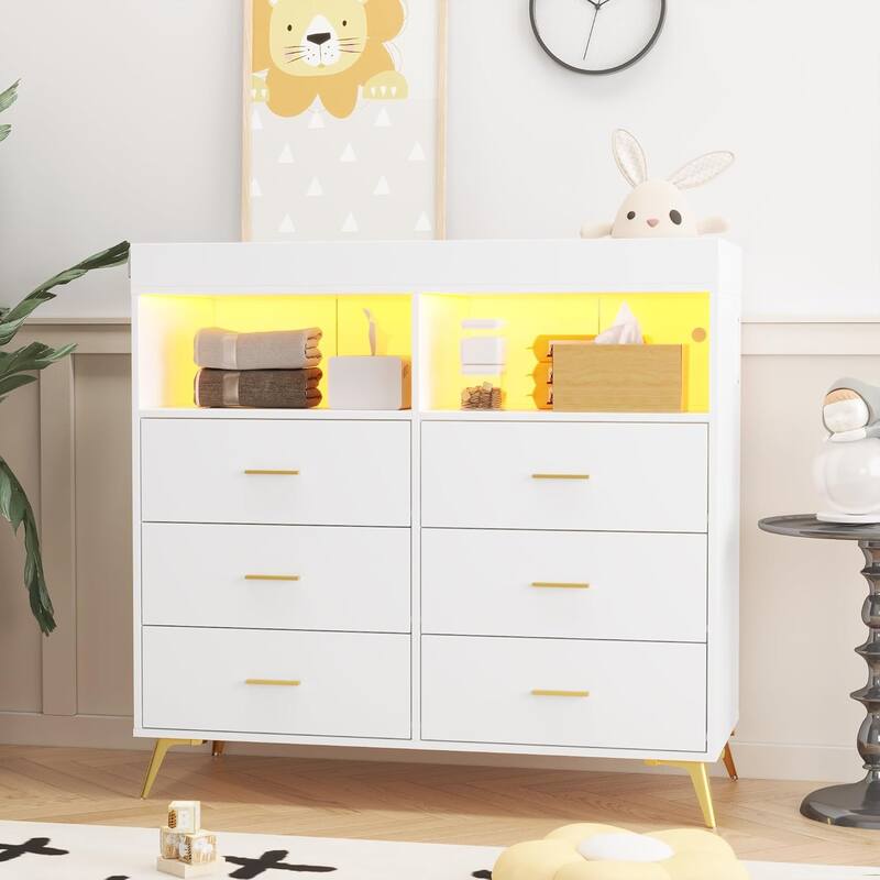 Dresser for Bedroom with LED Lights and Power Outlet, Dresser with 6 Drawers - White - 6-drawer
