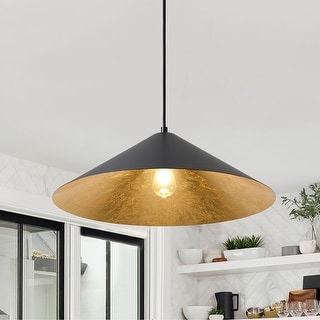 Farmhouse Matte Black 1-Light Gold Leaf Inside Pendant Light with