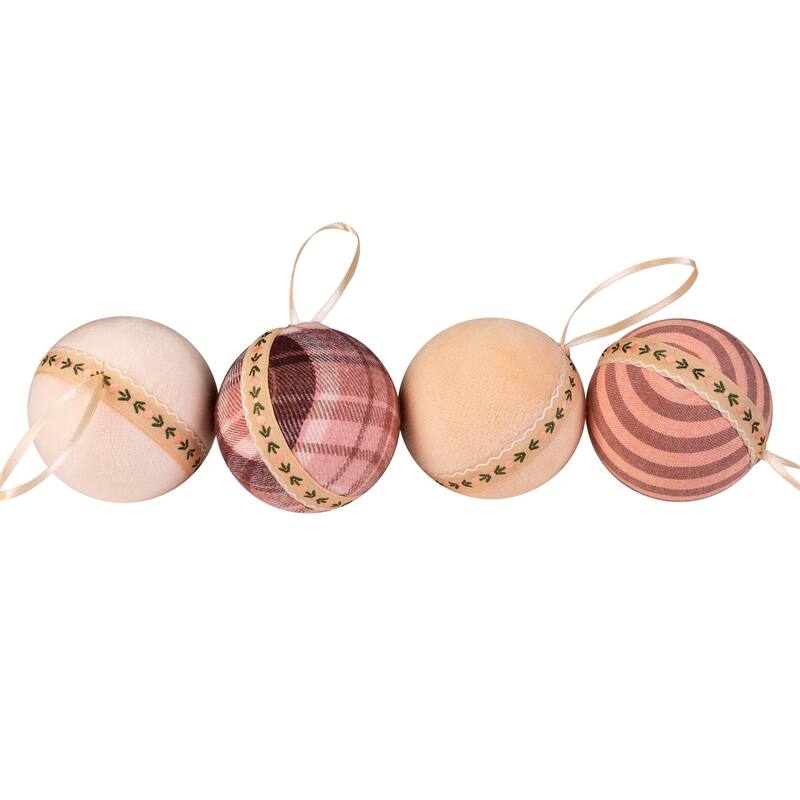 Plaid and Striped Christmas Ball Ornaments - 2.75" - Burgundy and Peach - Set of 4