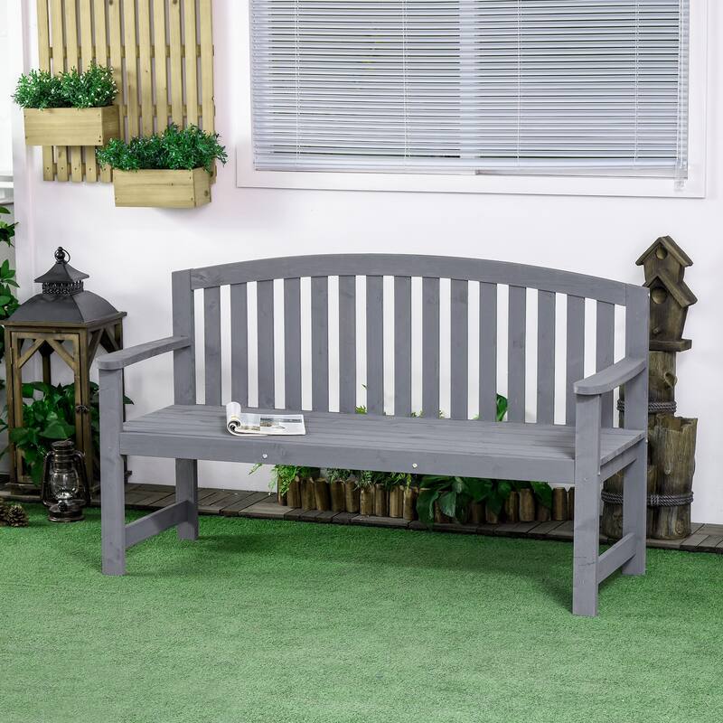 Outsunny 56" Outdoor Wood Bench, 2-Seater Wooden Garden Bench with Slatted Seat, Backrest & Arm Rests - Grey