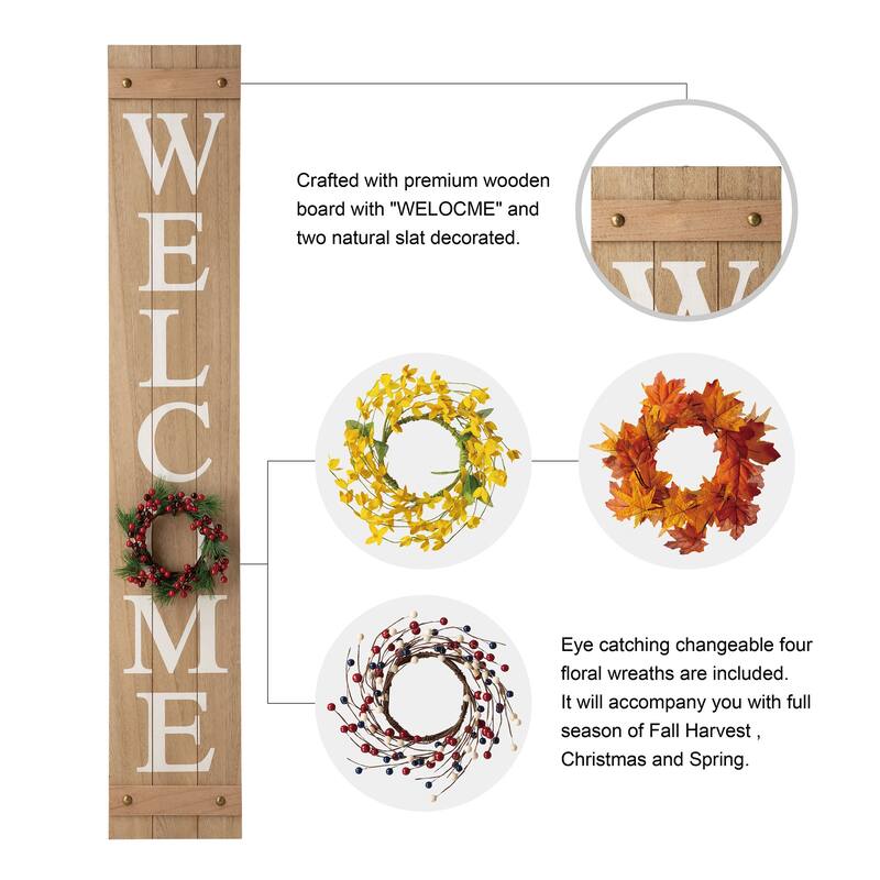 Glitzhome 60"H Wooden Welcome Porch Sign with 4 Floral Wreaths for Fall Halloween Thanksgiving Christmas Decoration