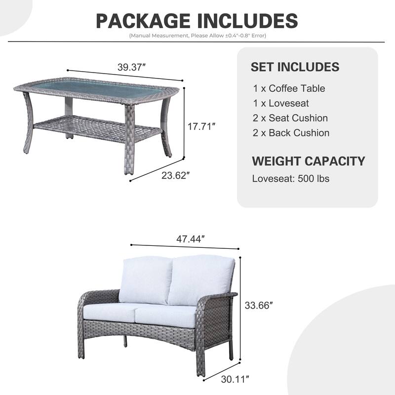 XIZZI 2-piece Outdoor Furniture Wicker Loveseat Sofa Set with Coffee Table