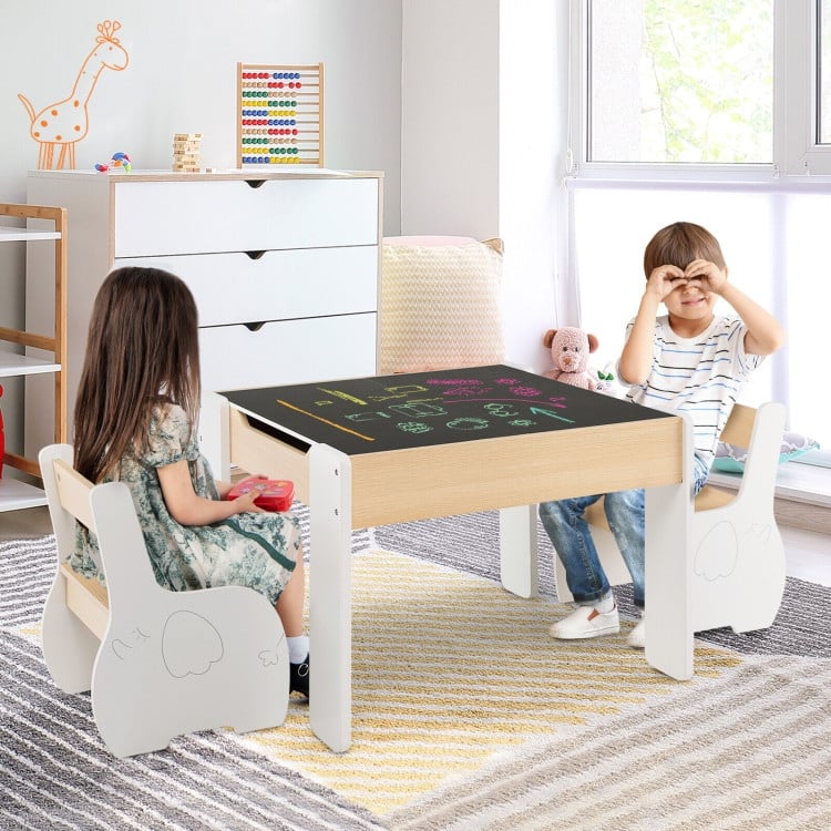 4-in-1 Wooden Activity Kids Table and Chairs with Storage and Detachable Blackboard - 25" x 24" x 19"