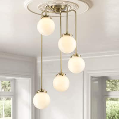 5-Light 18.5" Modern Brass Linear Geometric Waterfall Chandelier with Polished Opal Glass Globe Shade - 18.5 in. W x 35.43 in. H