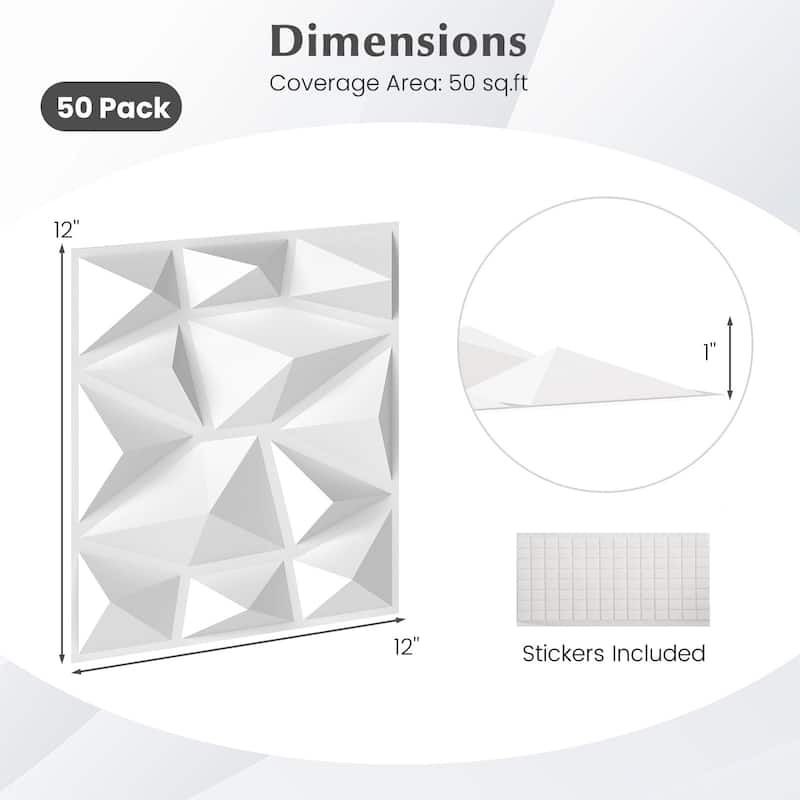 White PVC 3D Wall Panels Set of 50 with Diamond Pattern and Easy Install