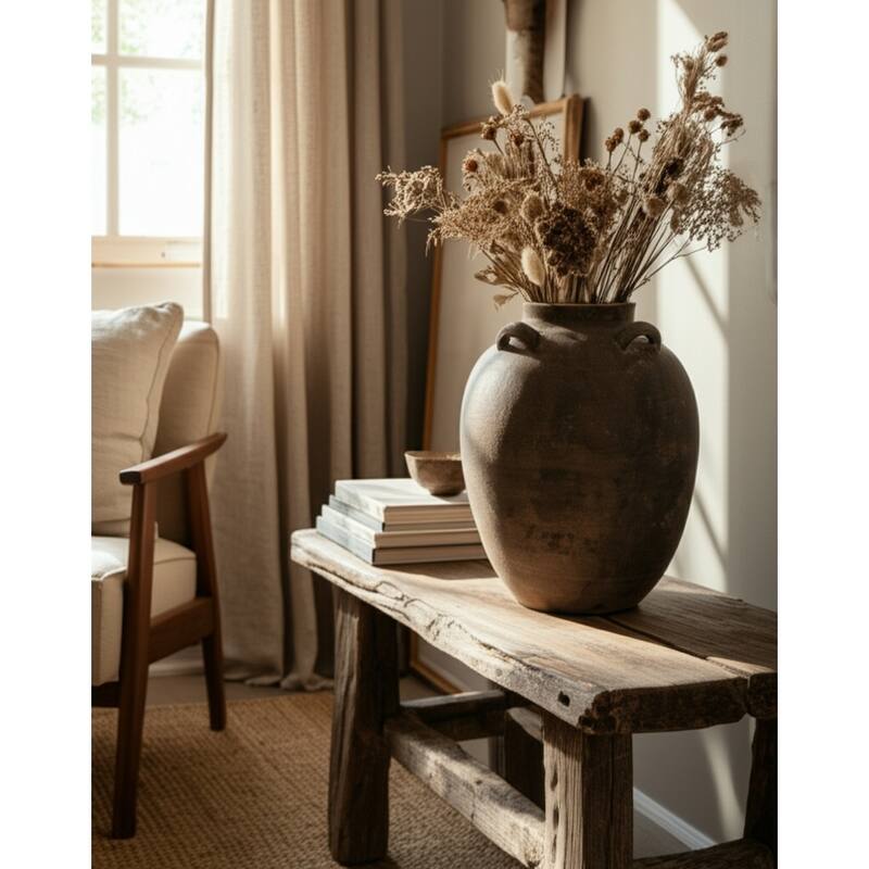 Pottery Terracotta Vase Urn Shaped Side Handle Curved Artisanal Design