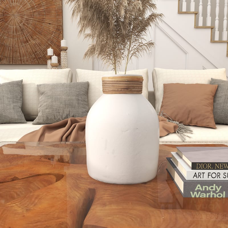 White Ceramic Decorative Vase with Wrapped Rattan Detailing