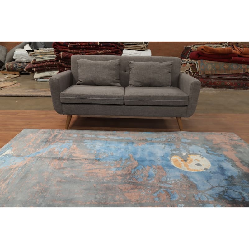 Hand Knotted Oriental Viscose Silk Carpet Modern Pictorial Navy Blue & Blues Abstract Area Rug - 8' 0'' X 4' 11''