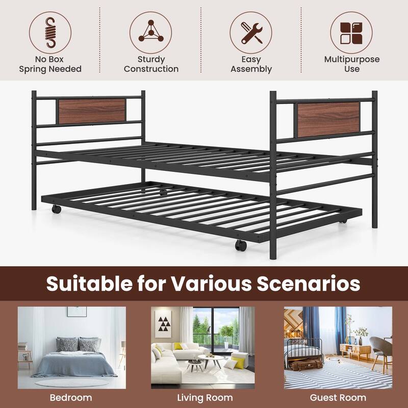 Costway Twin Metal Daybed Frame with Trundle Bed Set Platform Sofa Bed