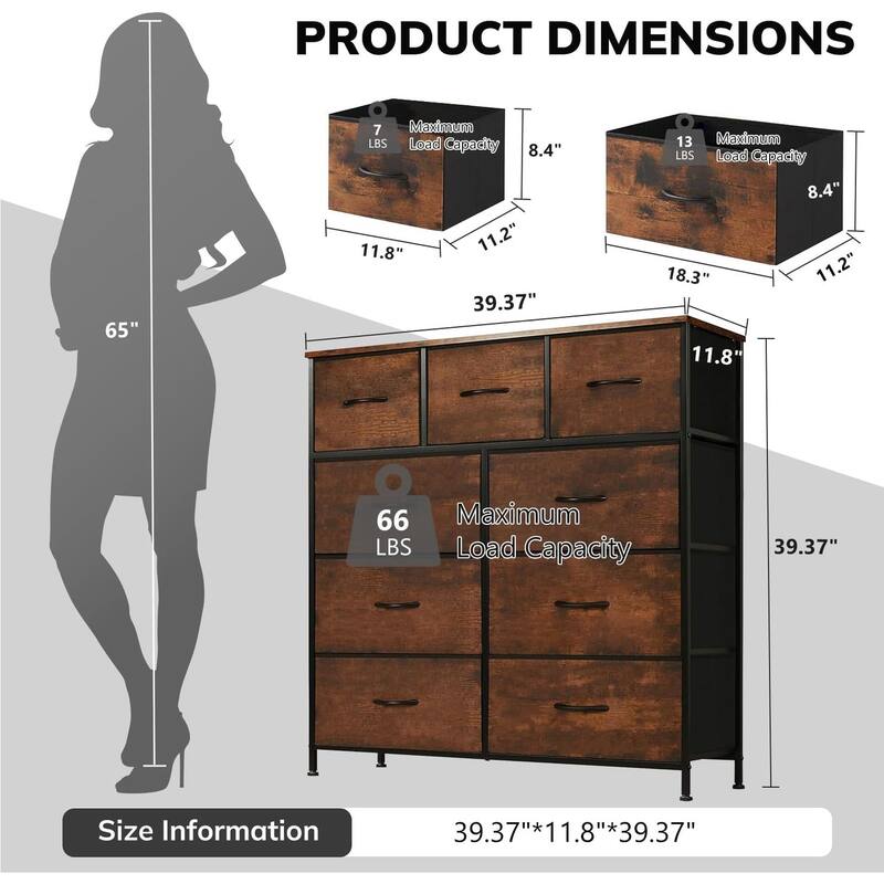 9 Drawers Dresser for Bedroom, Tall Fabric Closet Chests Organizer Tower Furniture with Wooden Top