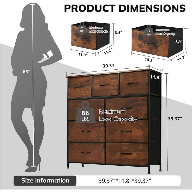 Dresser for Bedroom with 9 Drawers, Anti-Tip Tall Fabric Chests Storage Organizer Tower Furniture with Wooden Top Metal Frame