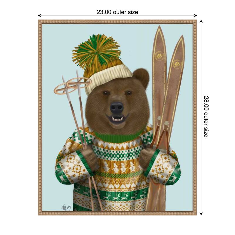 Bear in Christmas Sweater by Fab Funky (23 x 28 in.), Framed Canvas Wall Art Print - Sylvie Beaded Rustic Natural