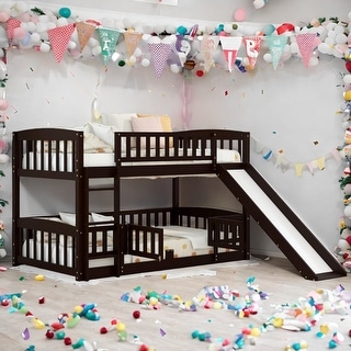 Full Over Full Low Bunk Bed with Fence and Ladder for Toddler Kids Teens