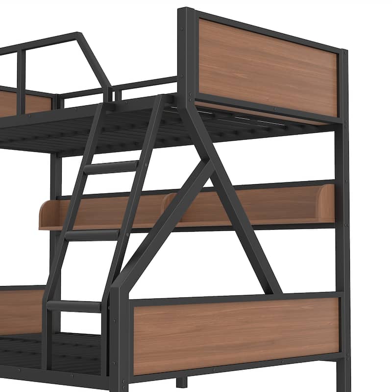 Queen over King/Queen over Full Metal Bunk Bed with Storage Shelves & Lights