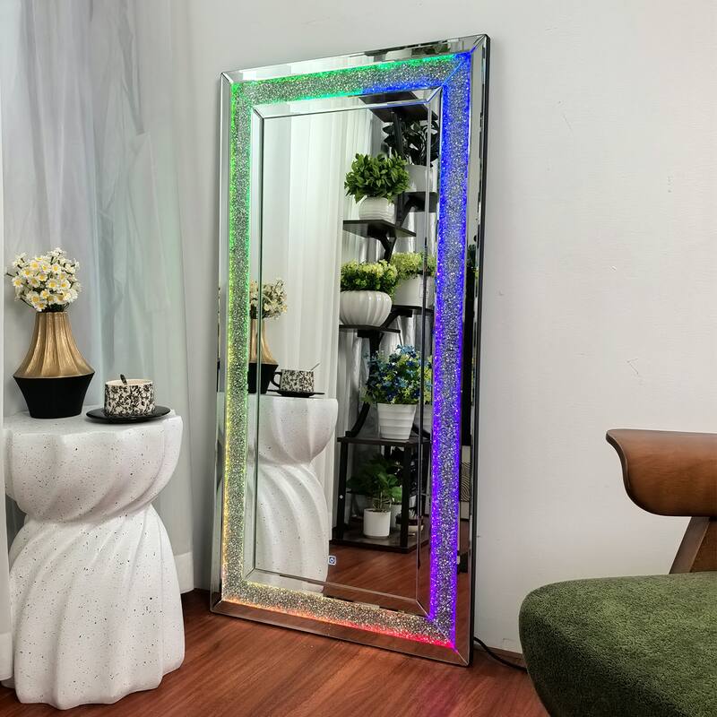 Large Sparkling Crystals Diamond Embedded Venetian Wall Mirror - 48" x 24" - with RGB Light