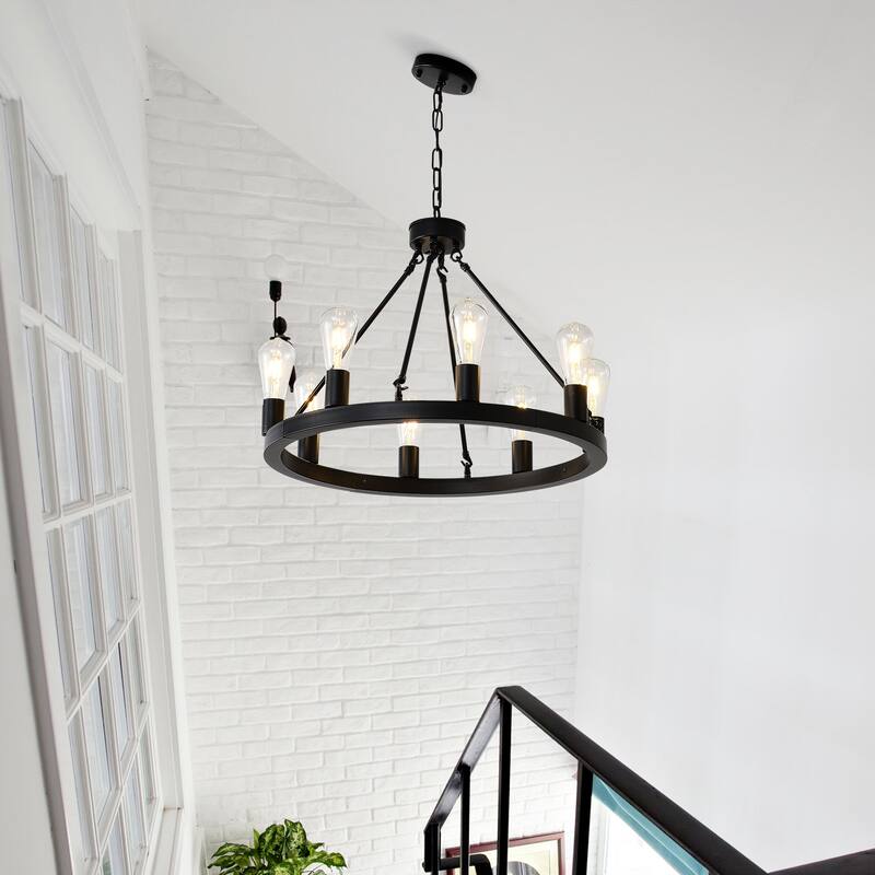 Farmhouse Style Small Round Ceiling Light 8-Lamp Wagon Wheel Chandelier, for Kitchen Island, Dining Room and Living Room