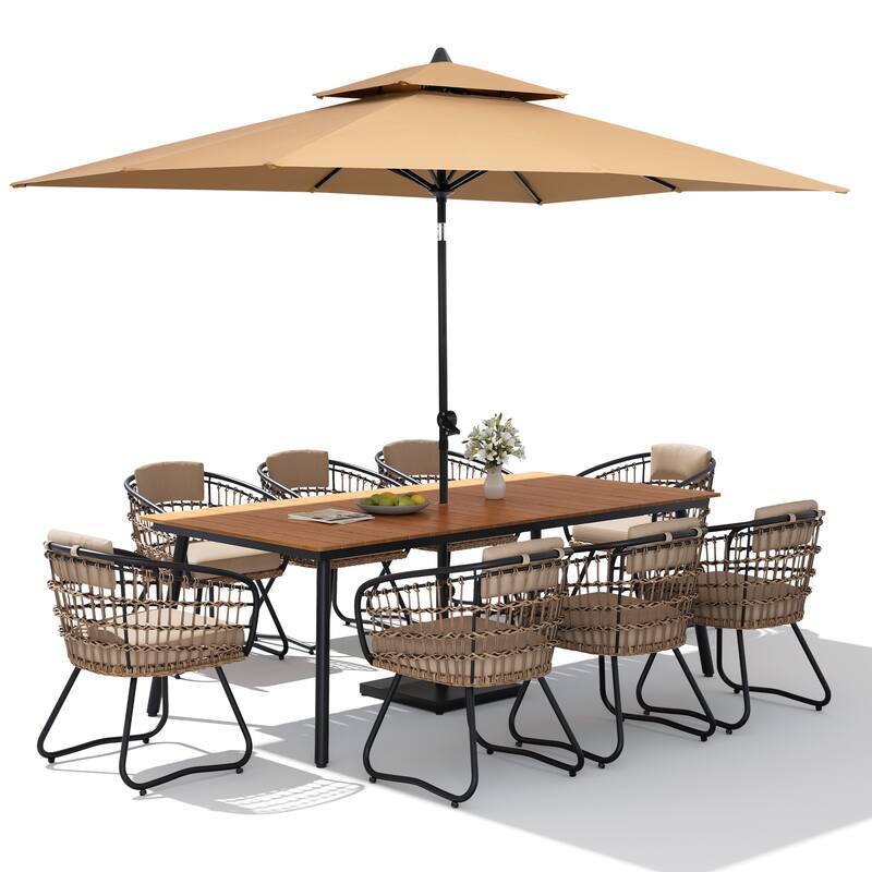 11PC Outdoor Patio Dining Set Wood-Like Aluminum Umbrella Hole Table with Rattan Chairs,Double Top Market Umbrella and Base