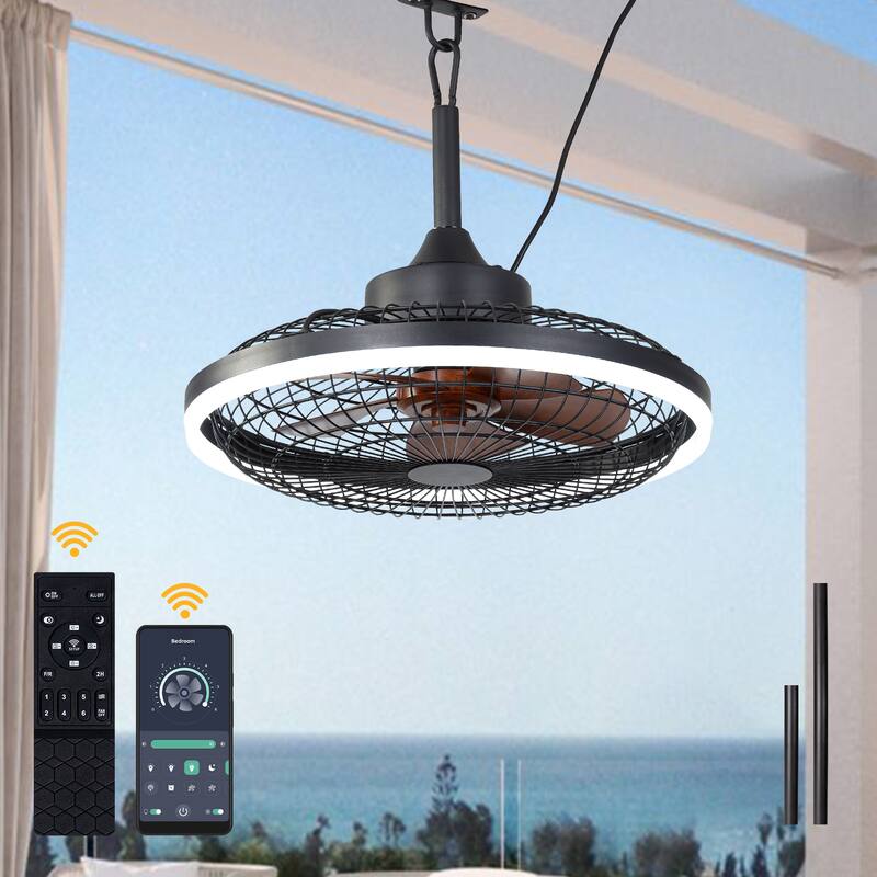 Bella Depot 20" Outdoor Ceiling Fan with Light and Remote 6-Speed Reversible Black Cage Fan