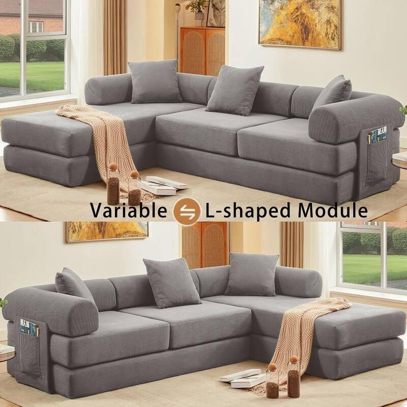 Versatile 7-in-1 Modular Folding Sectional Sofa with Chaise Convertible Corduroy Sleeper Sofa Bed with Removable Storage Bags