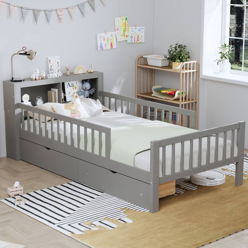 Bed with Headboard Storage Rack, Two Under-Bed Drawers, Three-Side Guardrails for Safety and Security