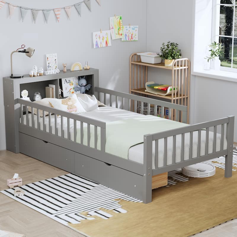 Twin Size Bed with Headboard Storage, Under-Bed Drawers & Safety Guardrails,Gray - Gray - Twin