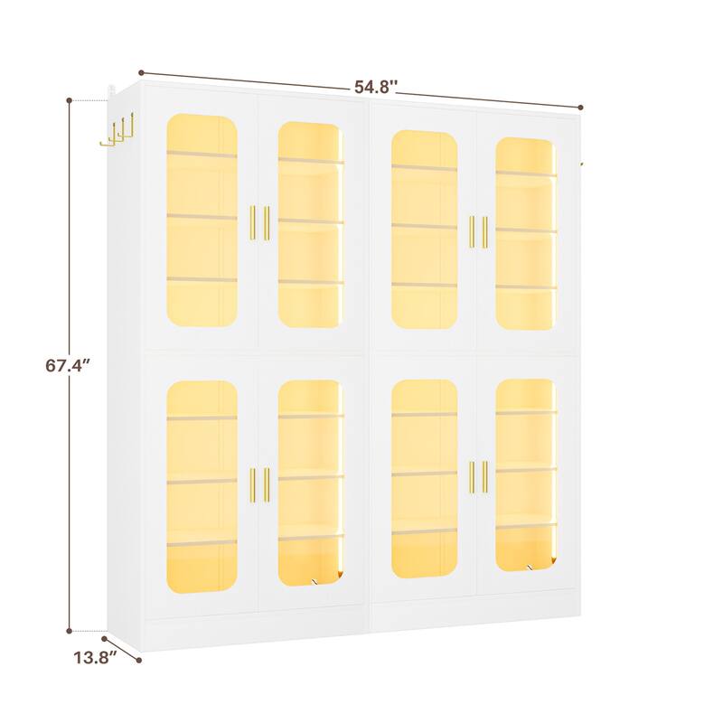 8-Tier Shoe Cabinet with LED Light, 32 Pairs Tall Shoe Storage Organizer with Side Hooks