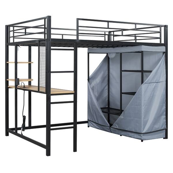 slide 2 of 20, Full Loft Bed with Desk, Shelves, Power Outlet, LED Light & Wardrobe, Black Black