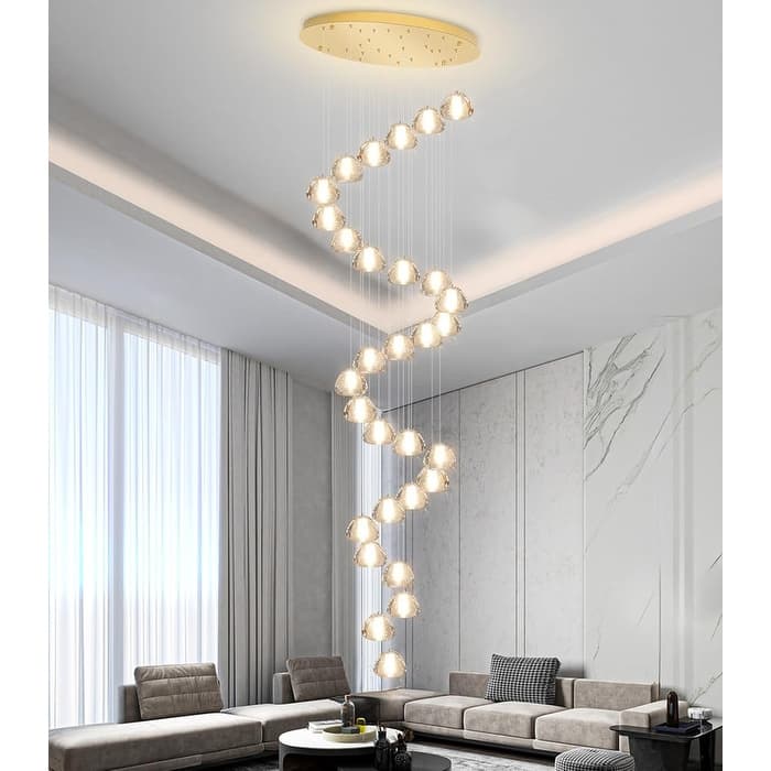 KAYLA 30-Lights Gold Modern Crystal Chandelier for Staircases, 157" Extra-Long Adjustable LED Ceiling Light