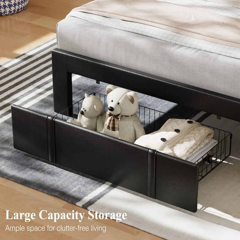 VECELO Bed Frame with Storage Drawers Leather Upholstered with Diamond Tufted Headboard Solid Wood Slat Support