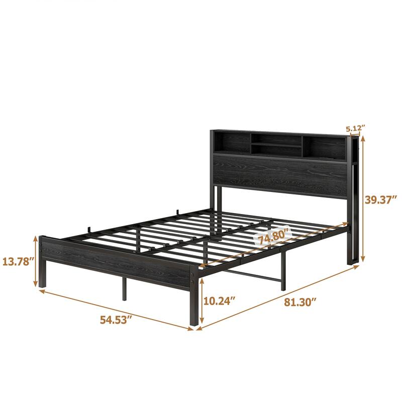 Full Size Bed Frame with Storage Headboard, Charging Station, No Box Spring Needed, Easy Assembly