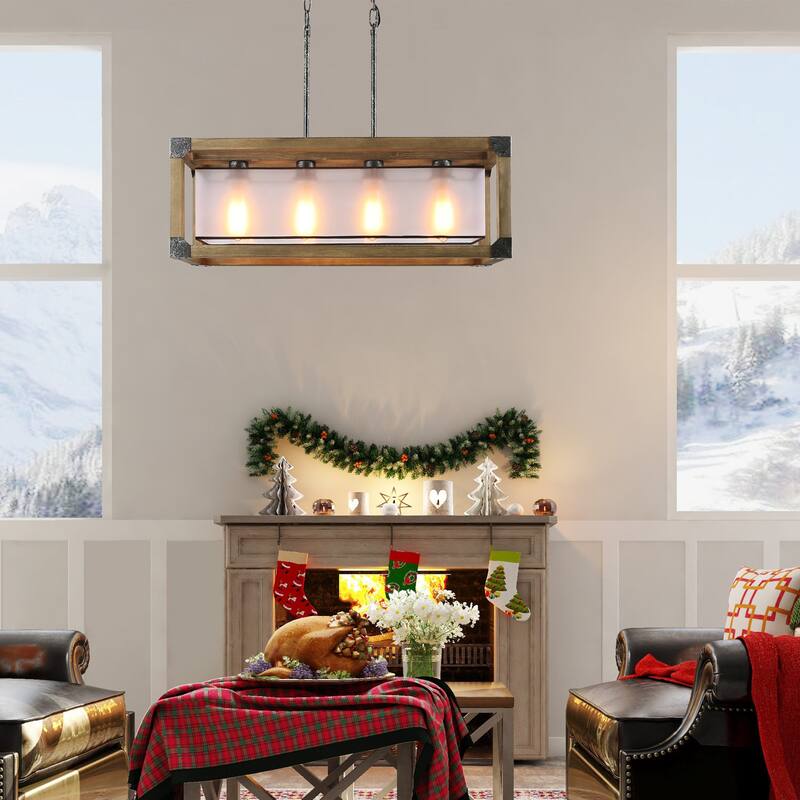 Farmhouse Rustic 4-Light Wood Chandelier for Kitchen Island - L27.5"x W10"x H10"