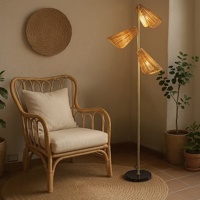 61'' Farmhouse Handwoven Rattan Floor Lamp Coastal 3-Light Standing Lamp With Antique Brass Finish Black Marble Base - W22''