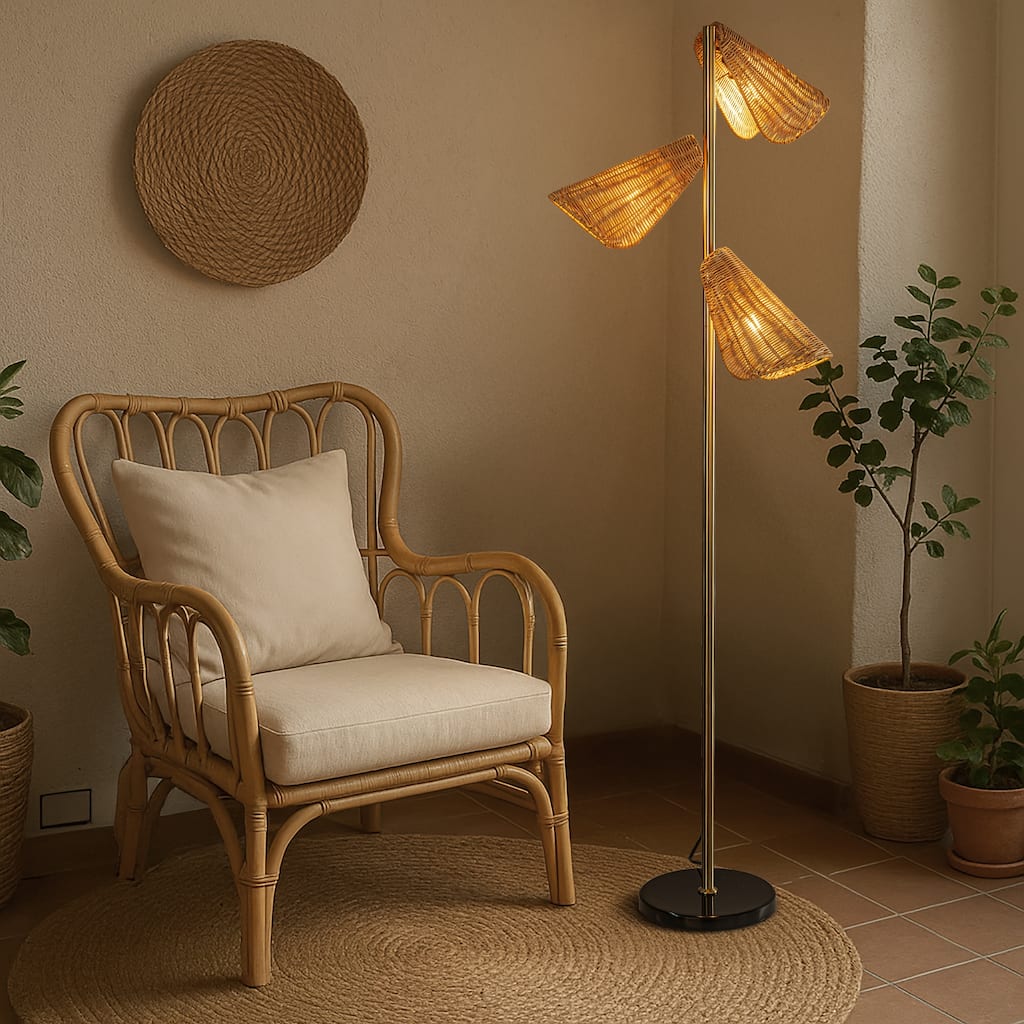 61'' Farmhouse Handwoven Rattan Floor Lamp Coastal 3-Light Standing Lamp With Antique Brass Finish Black Marble Base - W22''