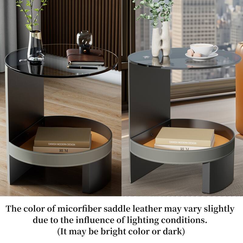 2-Tier Round Side Table Tempered Glass Top Handicraft Saddle Leather Basket