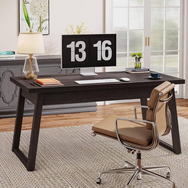 55-In Home Office Executive Desk, Solid Wood Computer Desk with Drawer