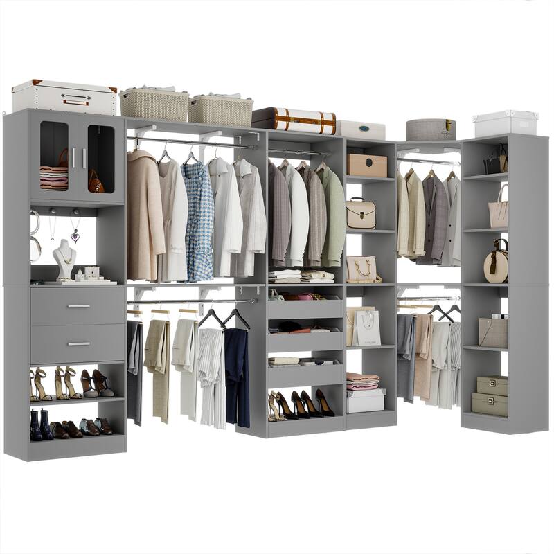100" × 100" Closet System With Door and Wooden Drawers, Closet Organizer with 5 Hanging Rods and 20 Storage Shelves