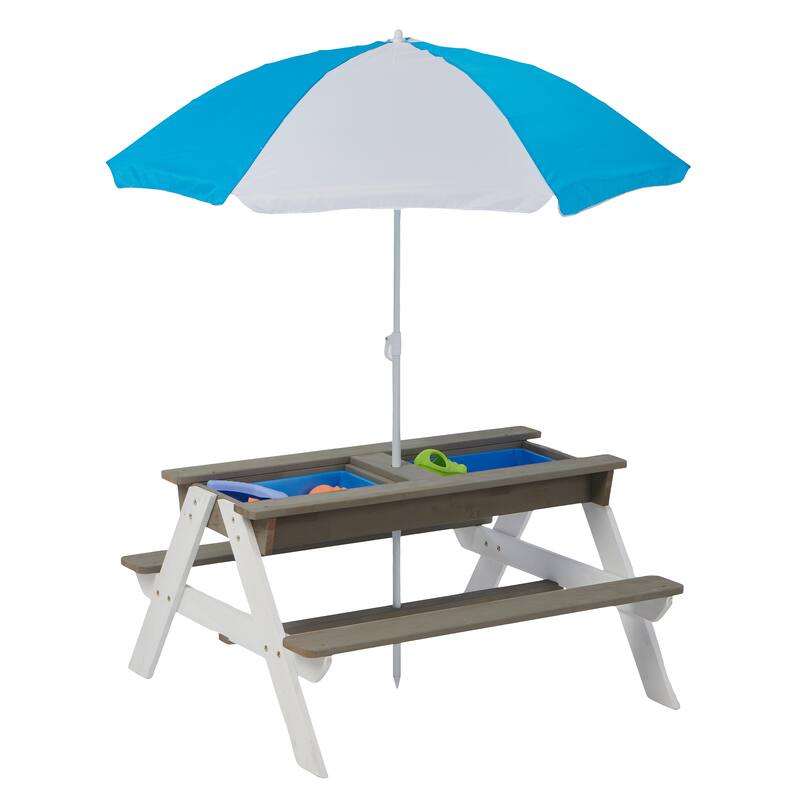 Wooden Kids Picnic Table, Sand and Water Table with Umbrella, Activity Table for Outdoor Backyard Patio Play