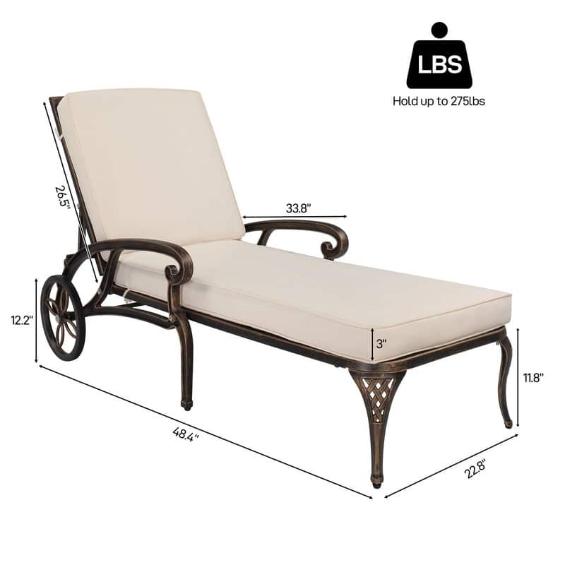 Cast Aluminum Outdoor Chaise Lounge Chair with Wheels and Cushion - N/A