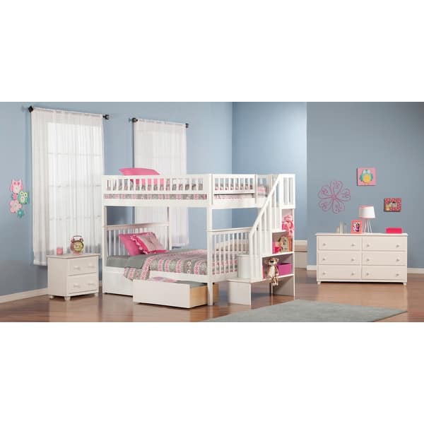 dimension image slide 1 of 2, Woodland Full over Full Solid Wood Staircase Bunk Bed with 2 Storage Drawers in White