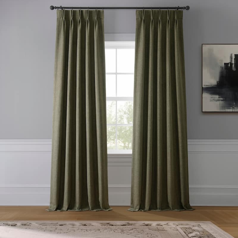 Exclusive Fabrics French Pleated Textured Faux Linen Room Darkening Curtains for Bedroom & Living Room Curtains Single Panel - 25 X 84 - Khaki Green