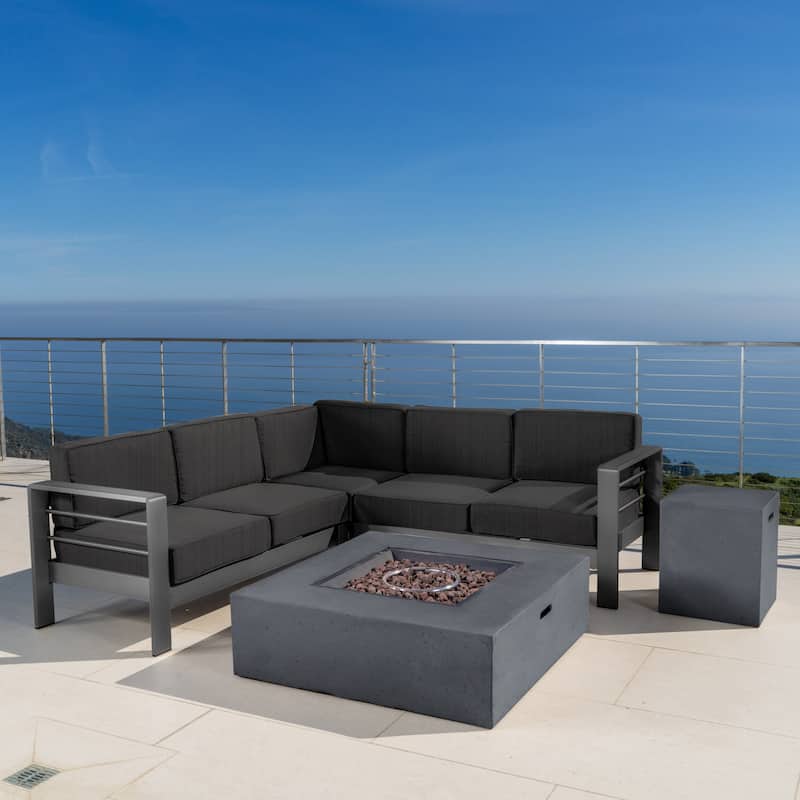 Cape Coral Aluminum Outdoor Sectional Sofa Set with Fire Table by Christopher Knight Home - Grey + Dark Grey