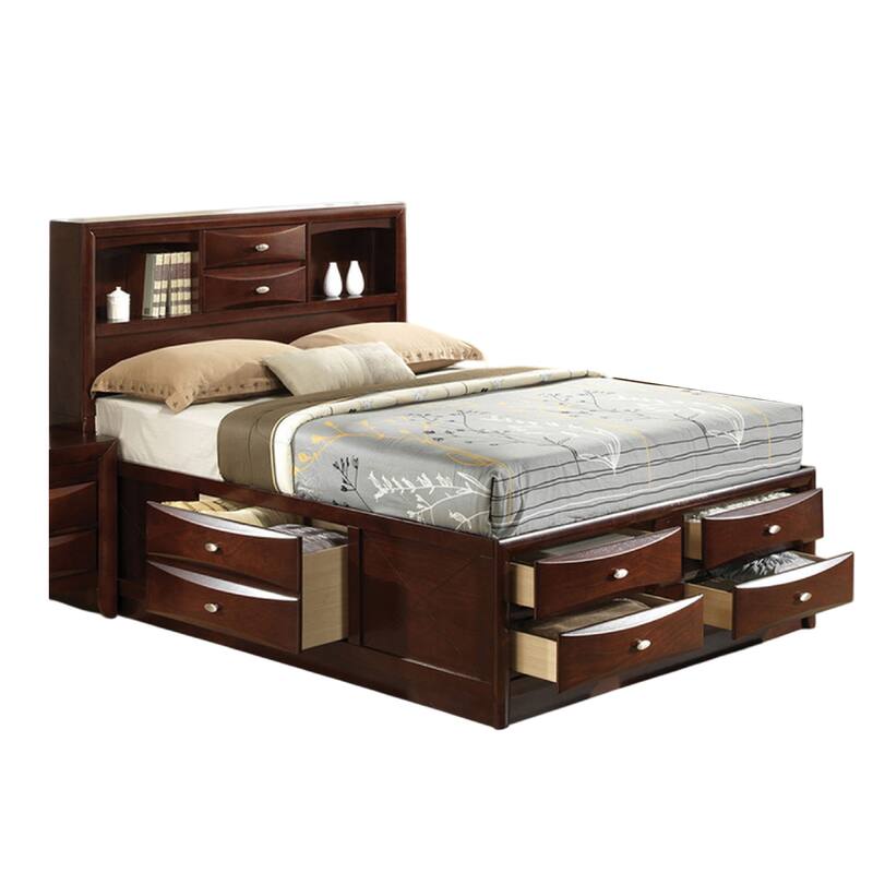 Simo Queen Bed, Bookcase Headboard, Footboard and Rail Drawers, Brown